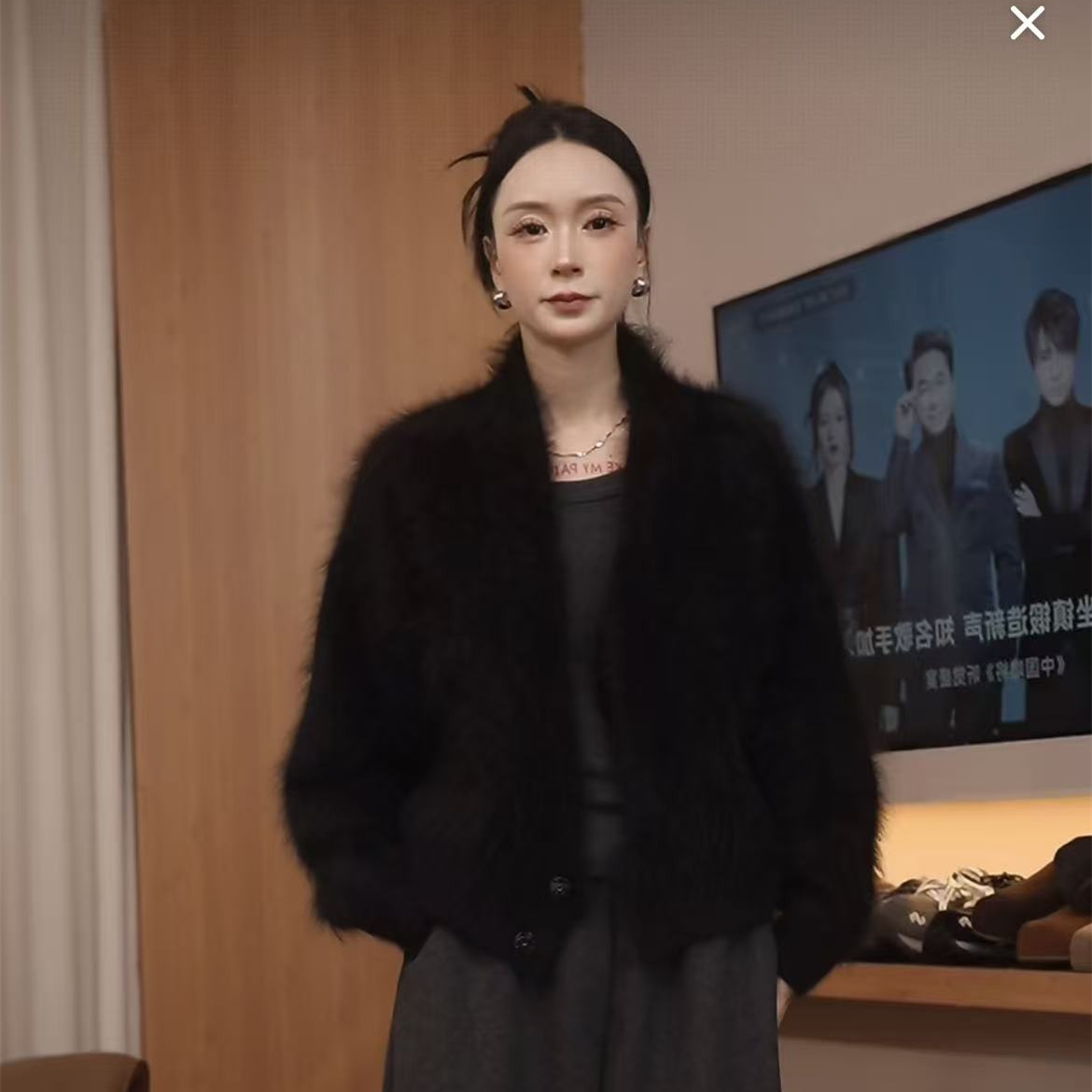 秋冬新款短款黑色长毛水貂绒毛衣女慵懒风针织开衫外套毛茸茸上衣