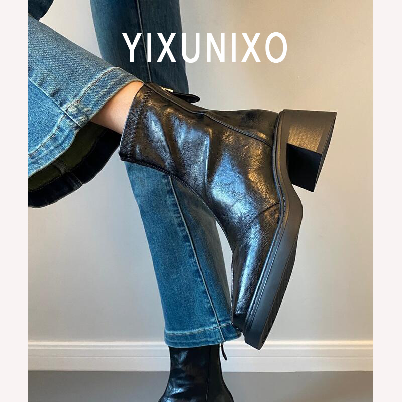 羊皮版~复古高跟短靴女方头小众切尔西靴新款爆款粗跟弹力瘦瘦靴