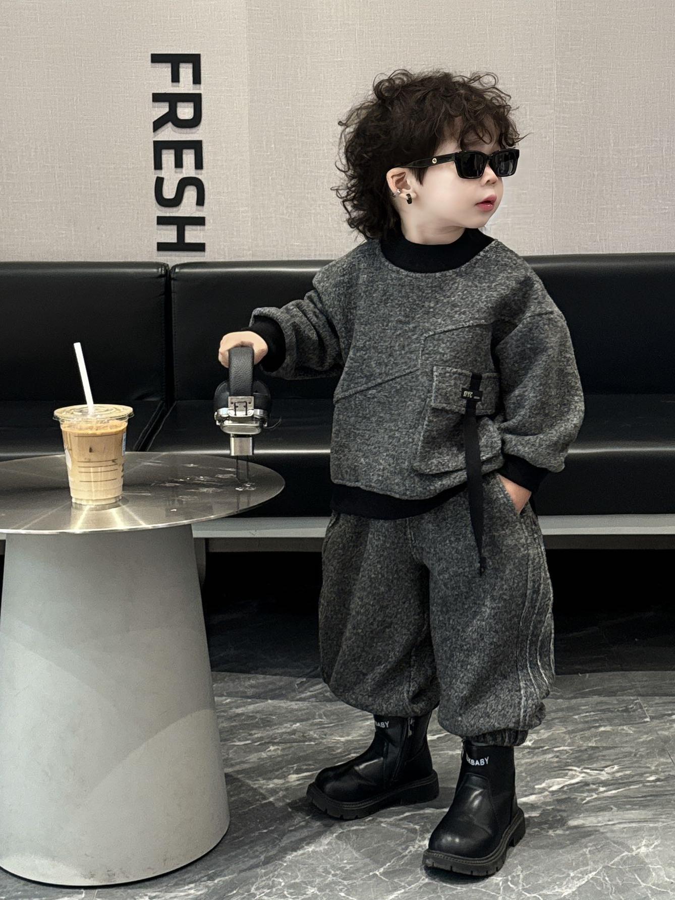 男童加绒卫衣套装2025深秋冬新款一体绒束脚裤韩版潮酷帅气潮童装