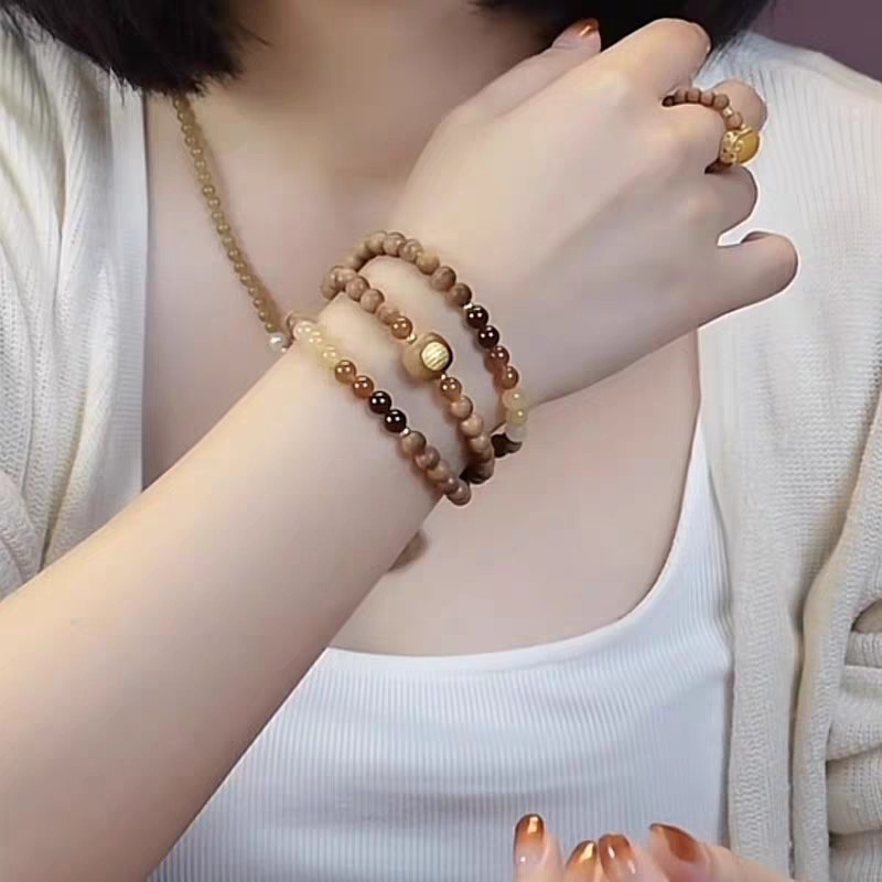 新款网红古风花梨木佛珠檀香木质双圈虎眼石文玩盘玩手链闺蜜礼物