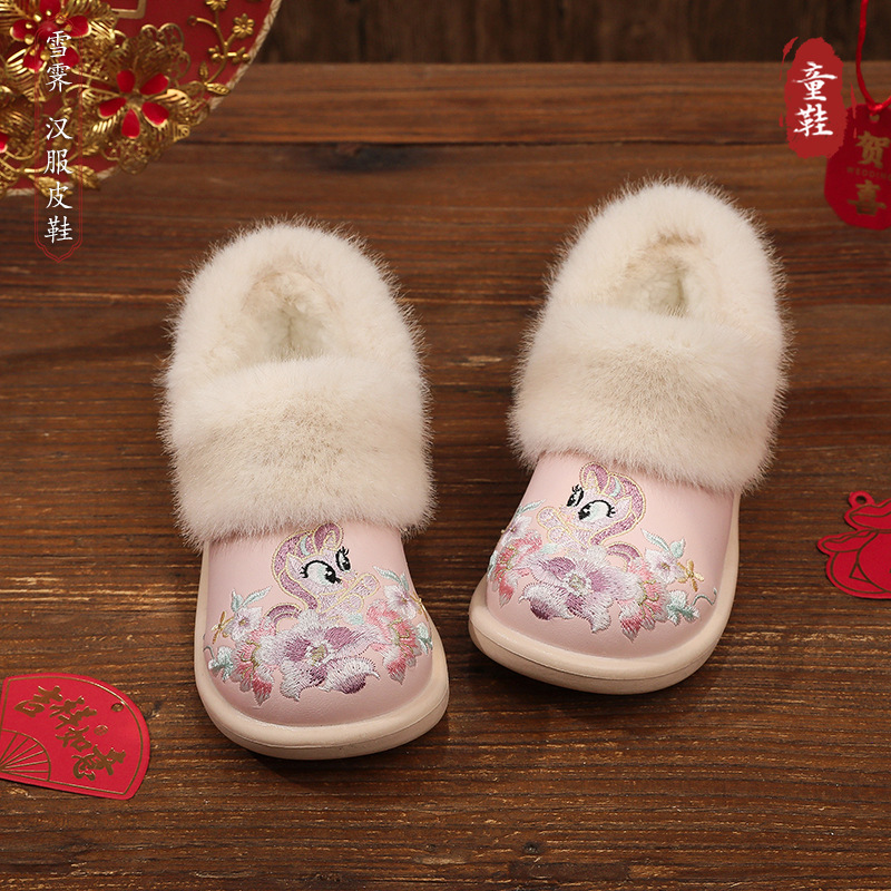 2025冬款儿童鞋子古装鞋演出鞋加绒加厚防滑古风汉服棉鞋超纤皮