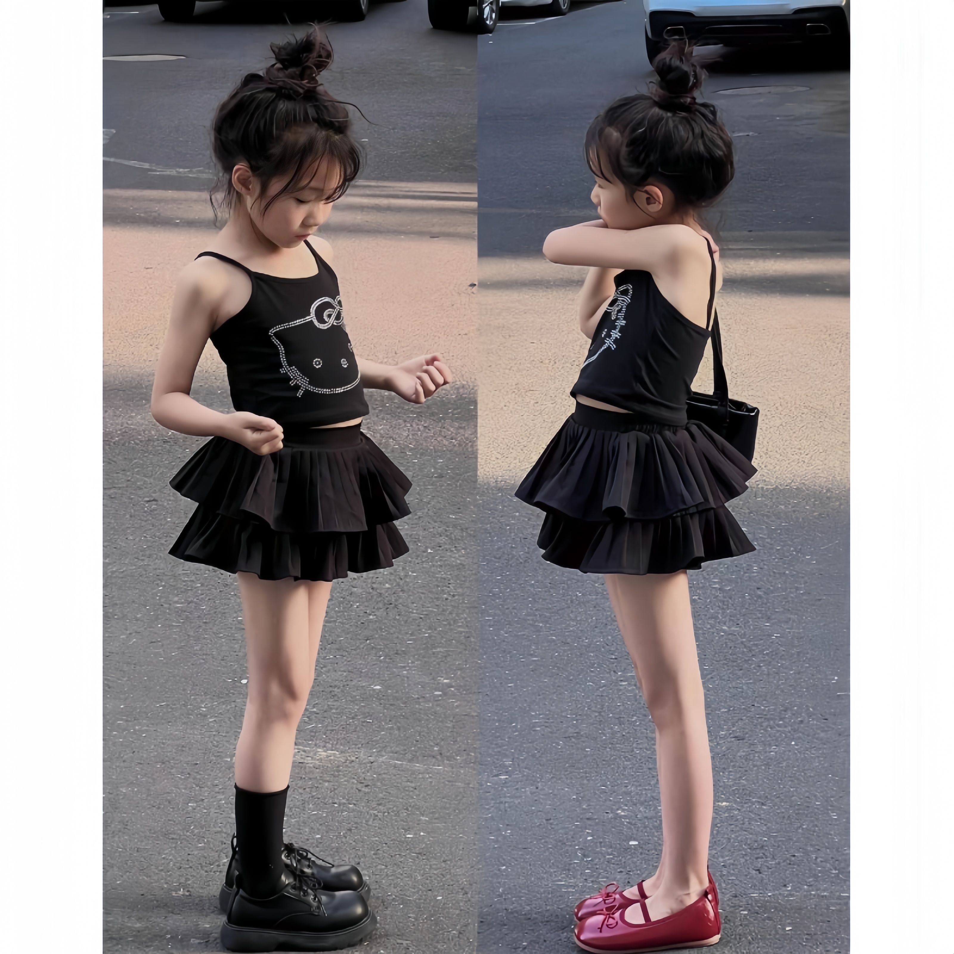 MUMUWU女童夏季原创设计风小辣妹套装半身裙亮砖kt猫上衣蛋糕裙裤