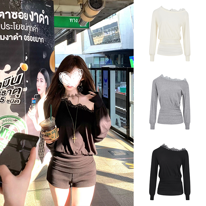 Moses Queen/魔西女王纯欲风露肩蕾丝拼接女春收腰长袖蝙蝠袖上衣