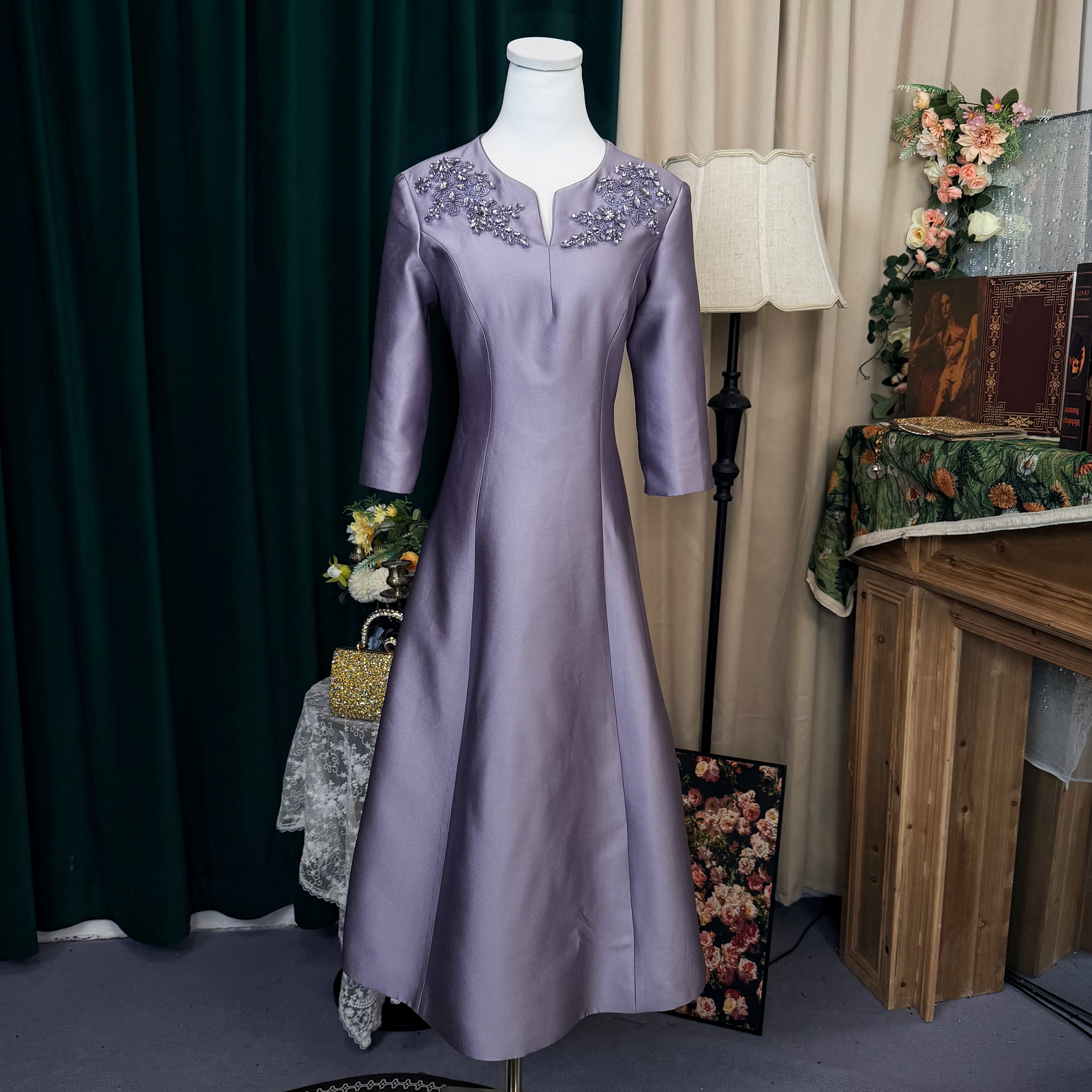 囍鸢高定 重工领口钻短袖显瘦遮肚子小A摆妈妈礼服喜婆婆喜妈妈装