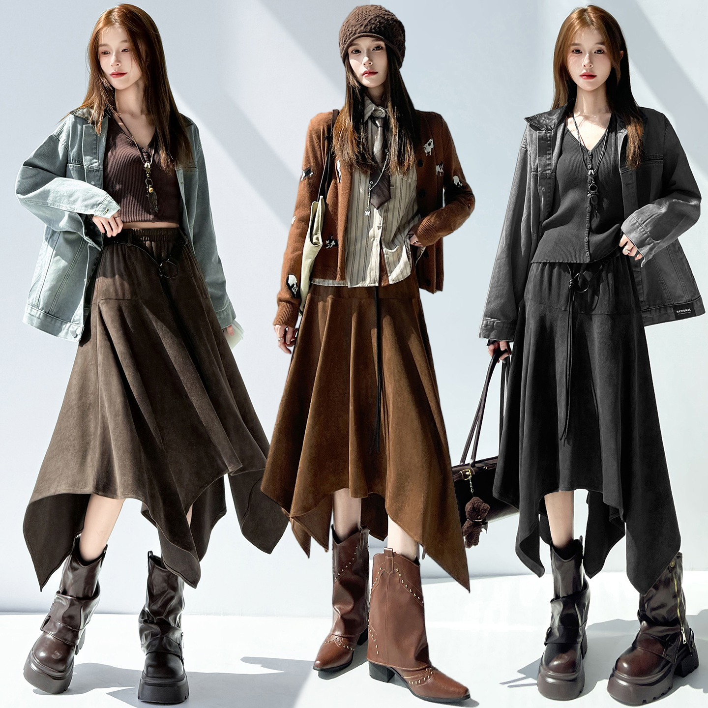 麂皮绒不规则半身裙秋冬季新款高腰A字裙中长款裙子百搭大摆伞裙