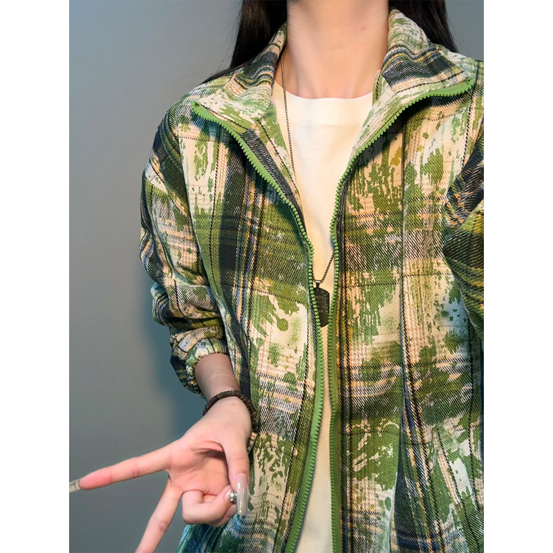 美式复古扎染外套男女秋季情侣款牛油果绿夹克cleanfit格子上衣潮