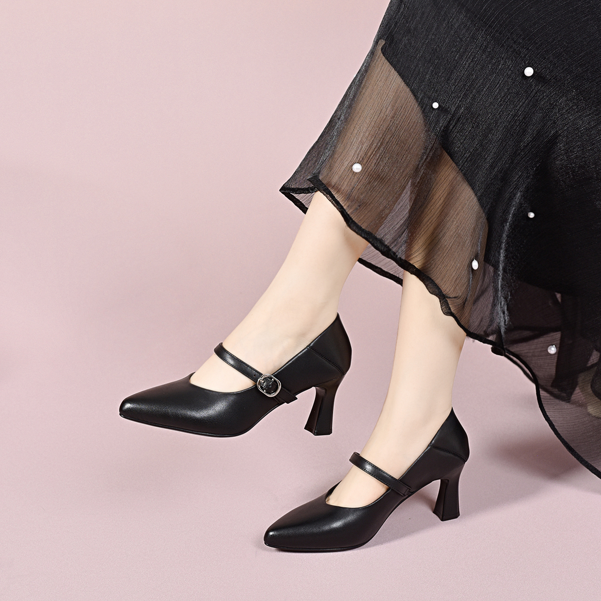 浅口粗跟尖头法式修面皮高跟单鞋春季跟鞋夏季中跟开春单鞋xy1316