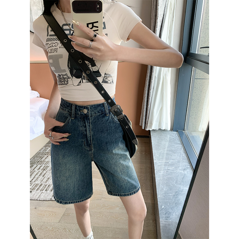 2025年夏季厚款复古蓝牛仔短裤女五分裤直筒宽松高腰显瘦百搭中裤