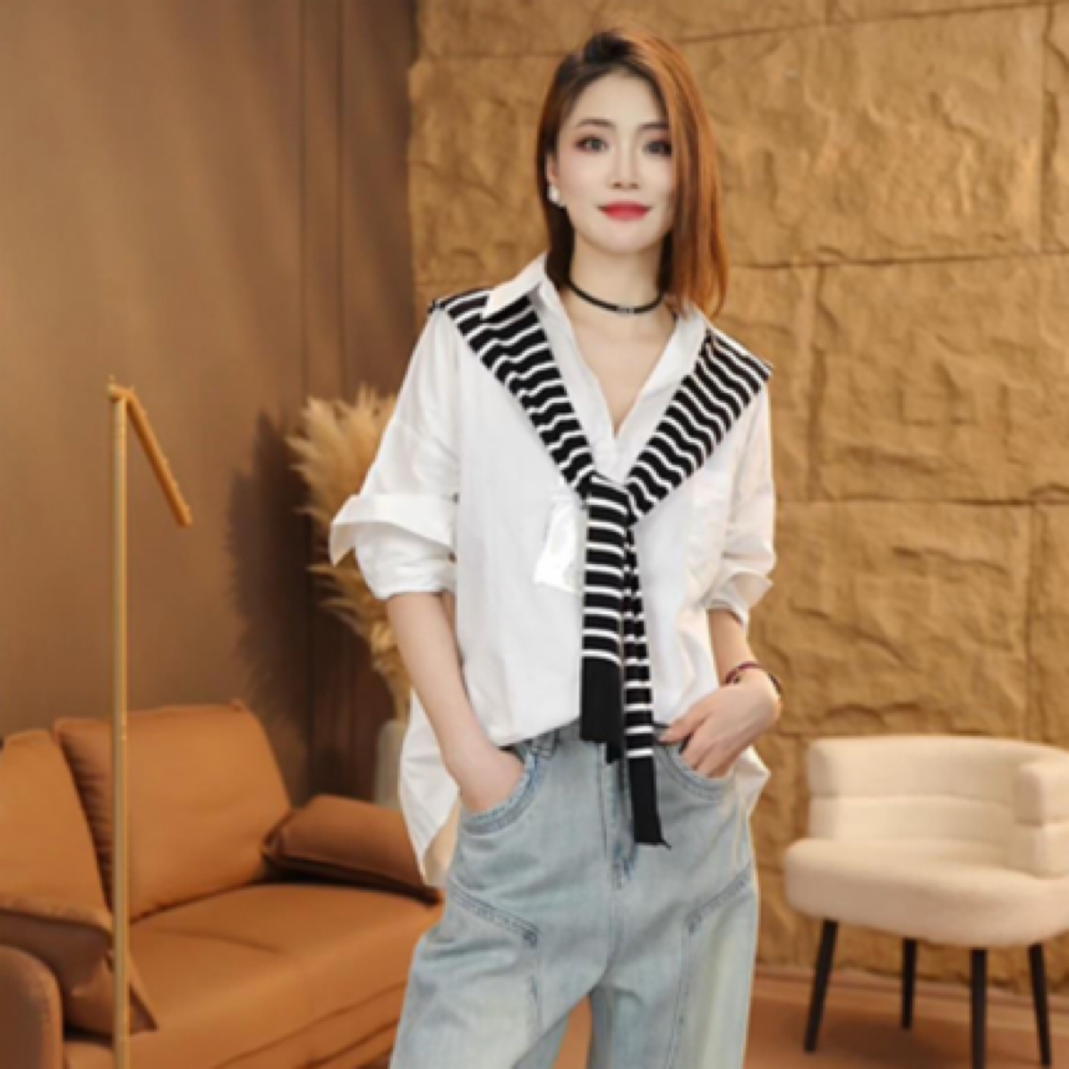 【潘潘专属】设计感洋气披肩衬衫女秋季新款宽松休闲polo领长袖上衣