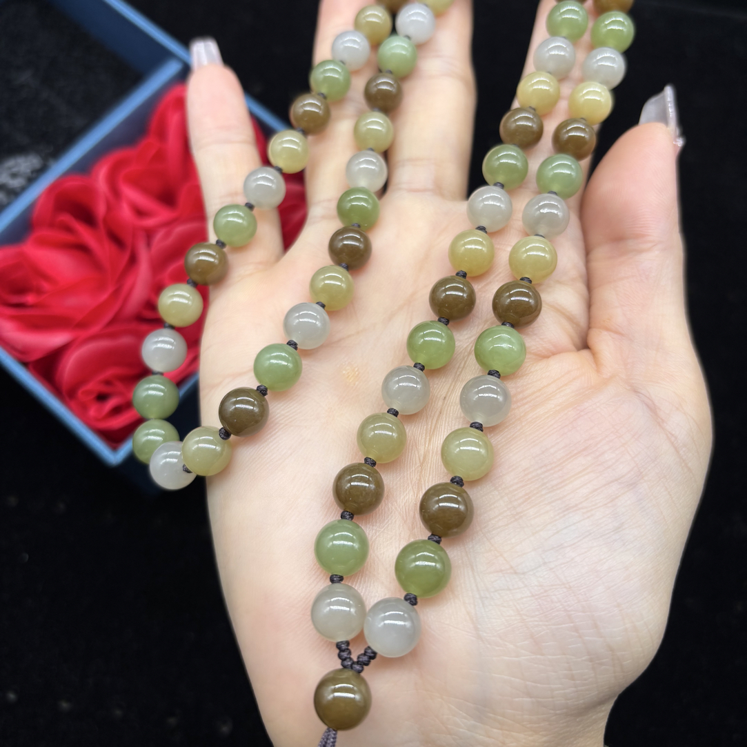 高档天然和田玉多宝多色圆珠8mm玉石挂牌绳毛衣链珠链长链百搭款