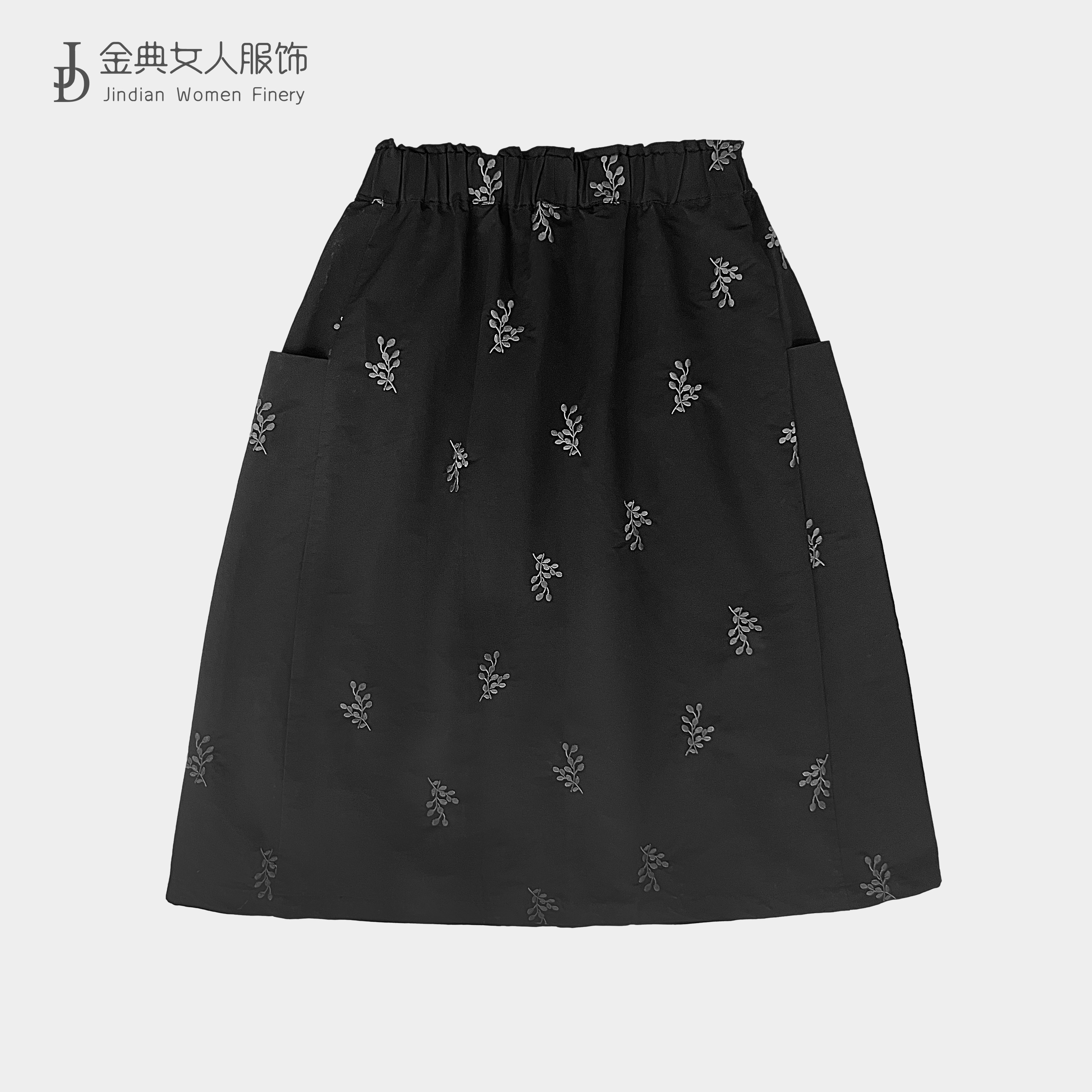 文艺小众松紧腰双侧口袋有里衬半身裙      中年妈妈显瘦女裙0858