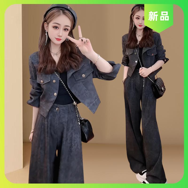 2026春秋新款时尚气质轻奢扎染花色外套高腰阔腿长裤套装两件套女