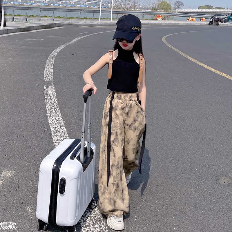 女童防蚊裤套装2025夏季新款中大童韩版时髦黑色背心冰丝裤两件套