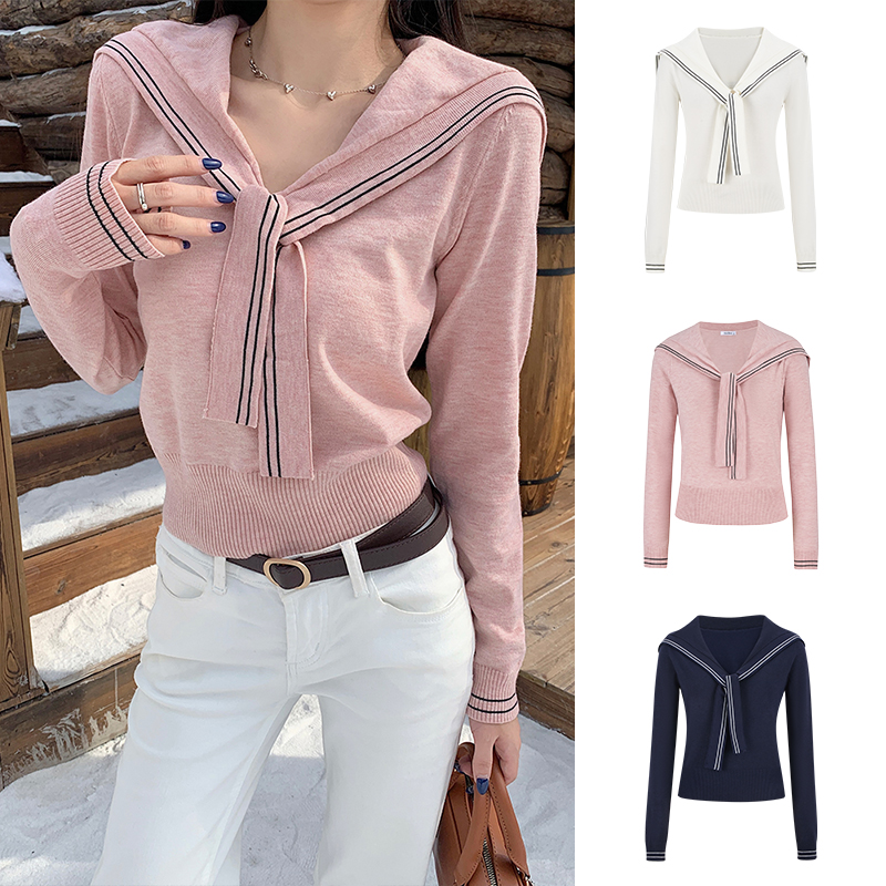 2025韩系秋季新款海军领长袖针织衫学院风拼接毛针织衫时尚上衣女