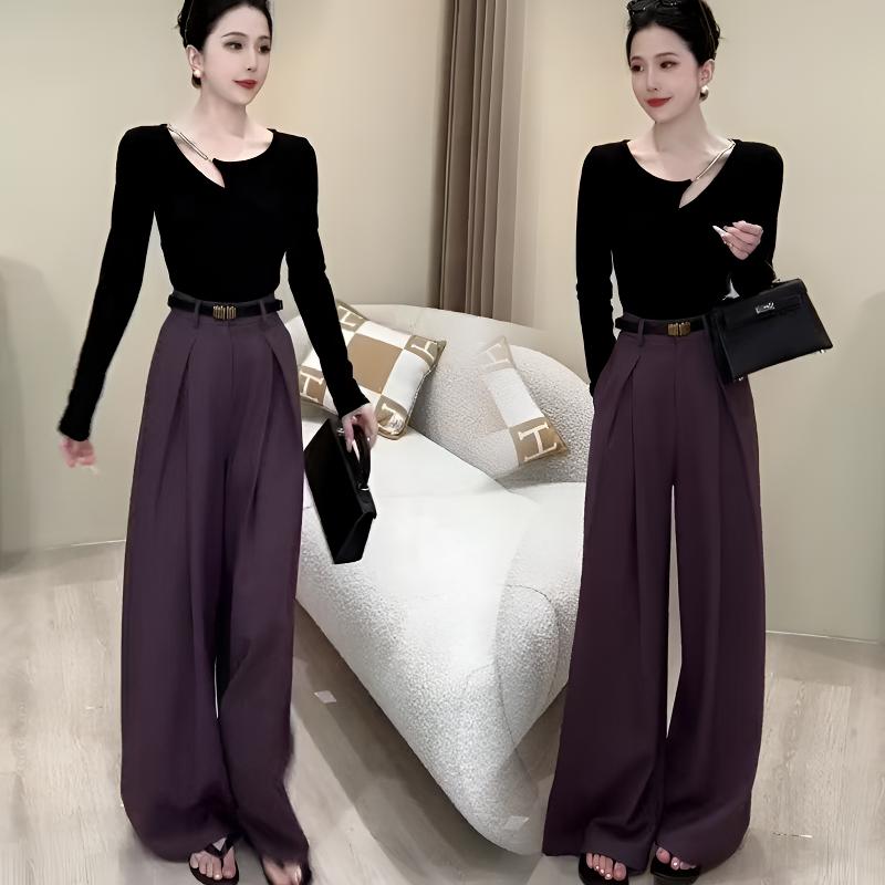 时尚套装女秋季新款设计感长袖T恤上衣搭配高腰西装阔腿裤两件套