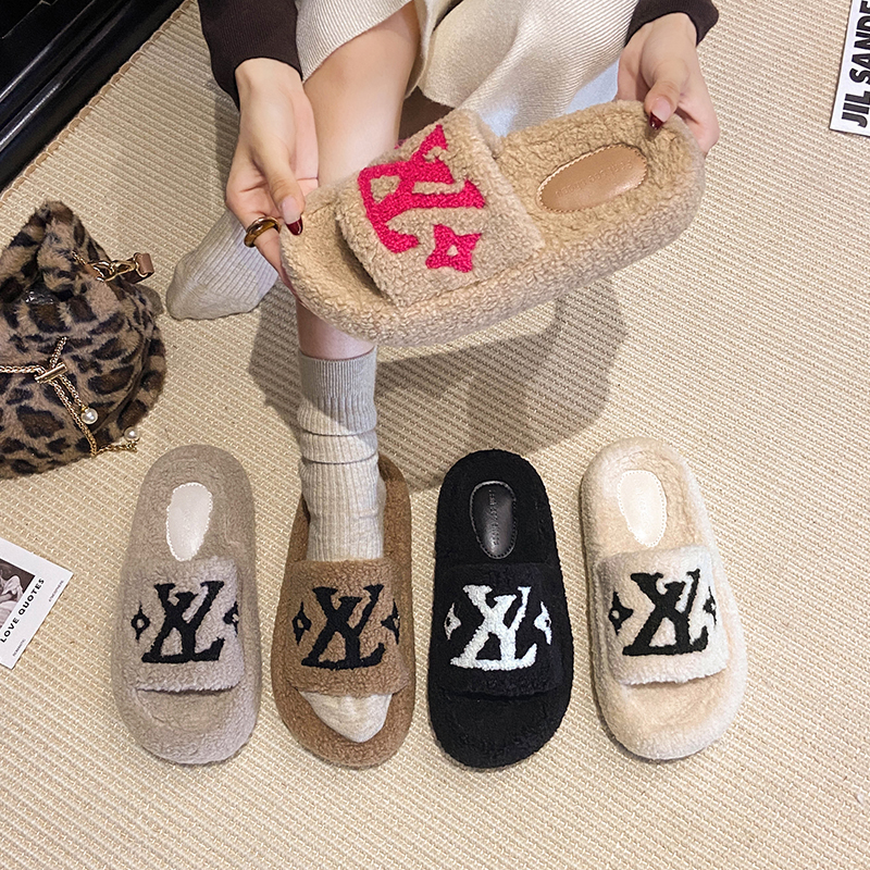 2025秋冬新款刺绣外穿时尚字母百搭高级感爆款女厚底一字拖鞋-4CM