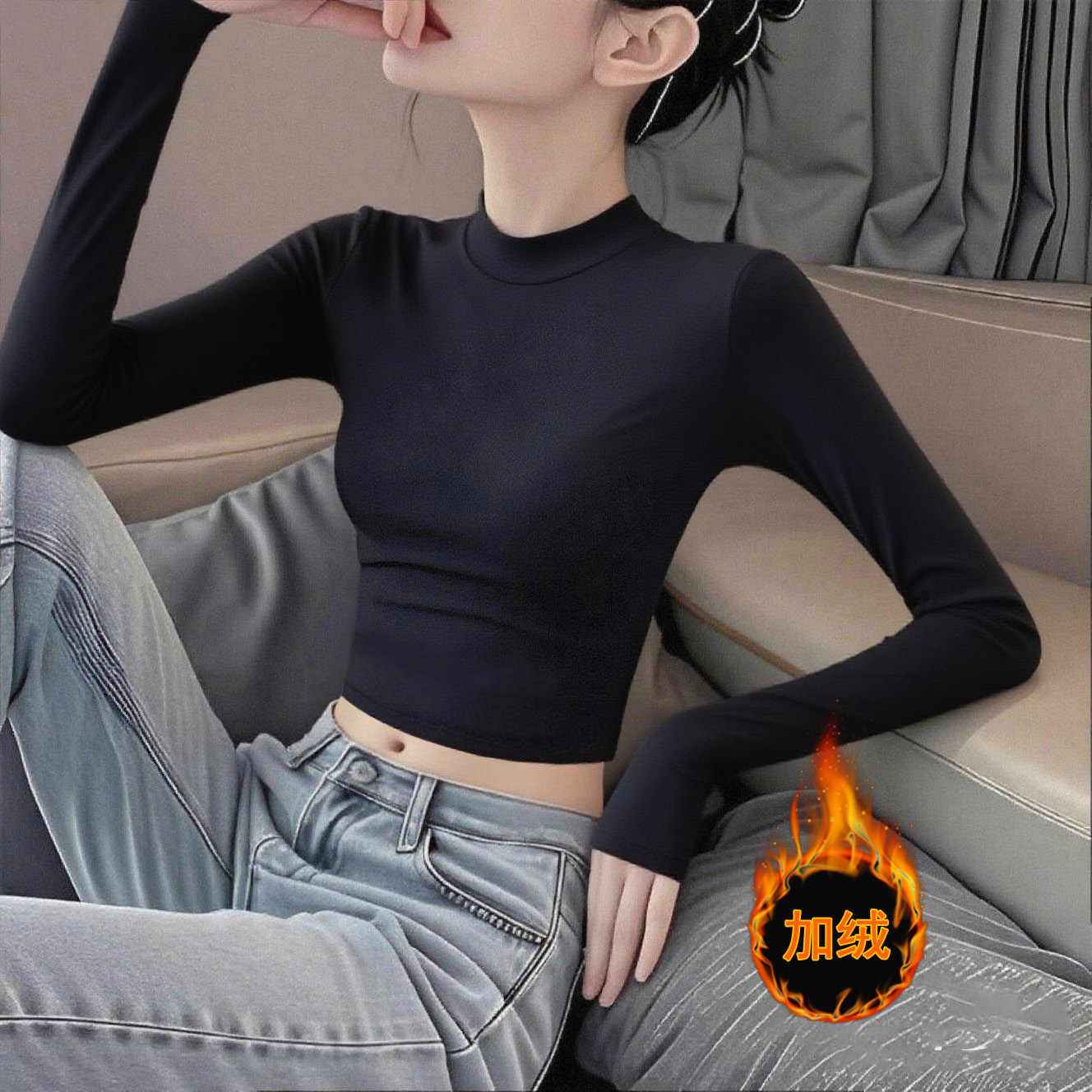 白色薄绒半高领打底衫女款爆款2025新款秋冬加厚内搭短款长袖上衣