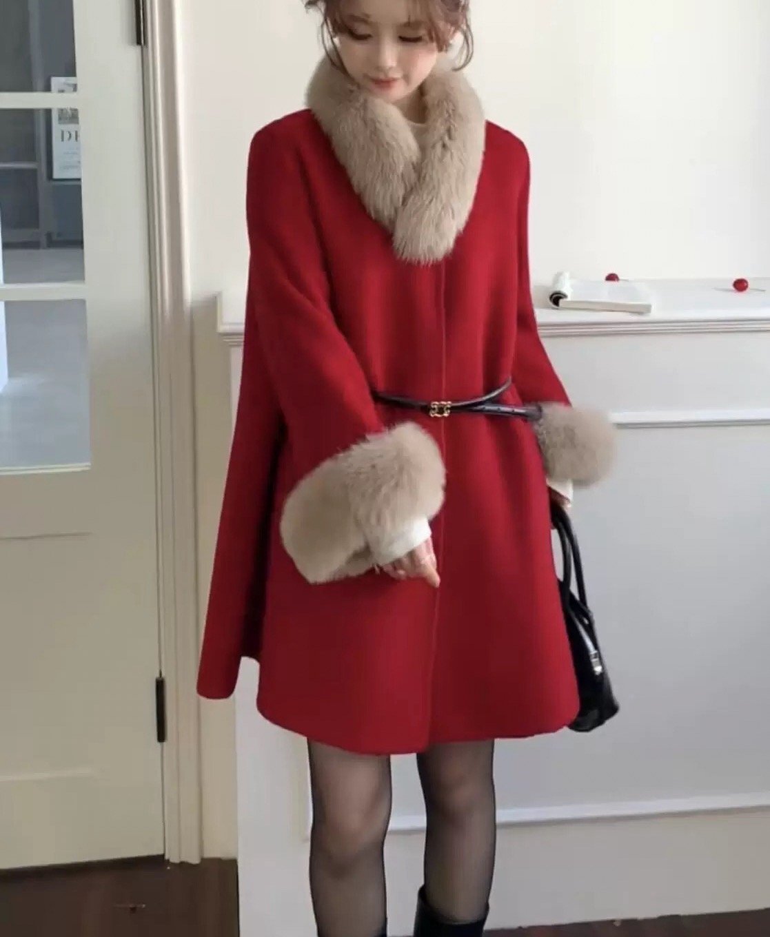 [DARUI]羊毛双面大衣2025冬狐狸毛领毛袖收腰中长款外套2588