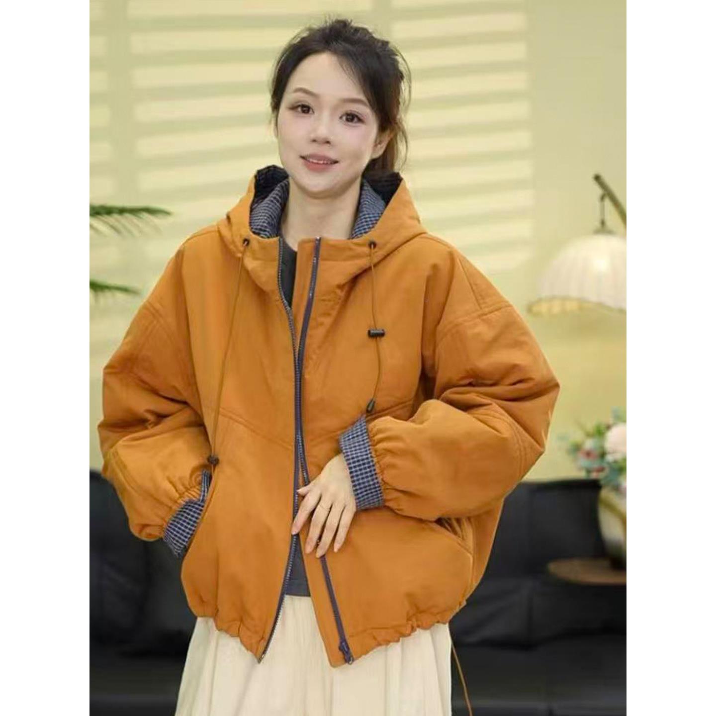 连帽格子拼接衣外套女秋冬新款J时尚宽松休闲防风保暖显瘦服
