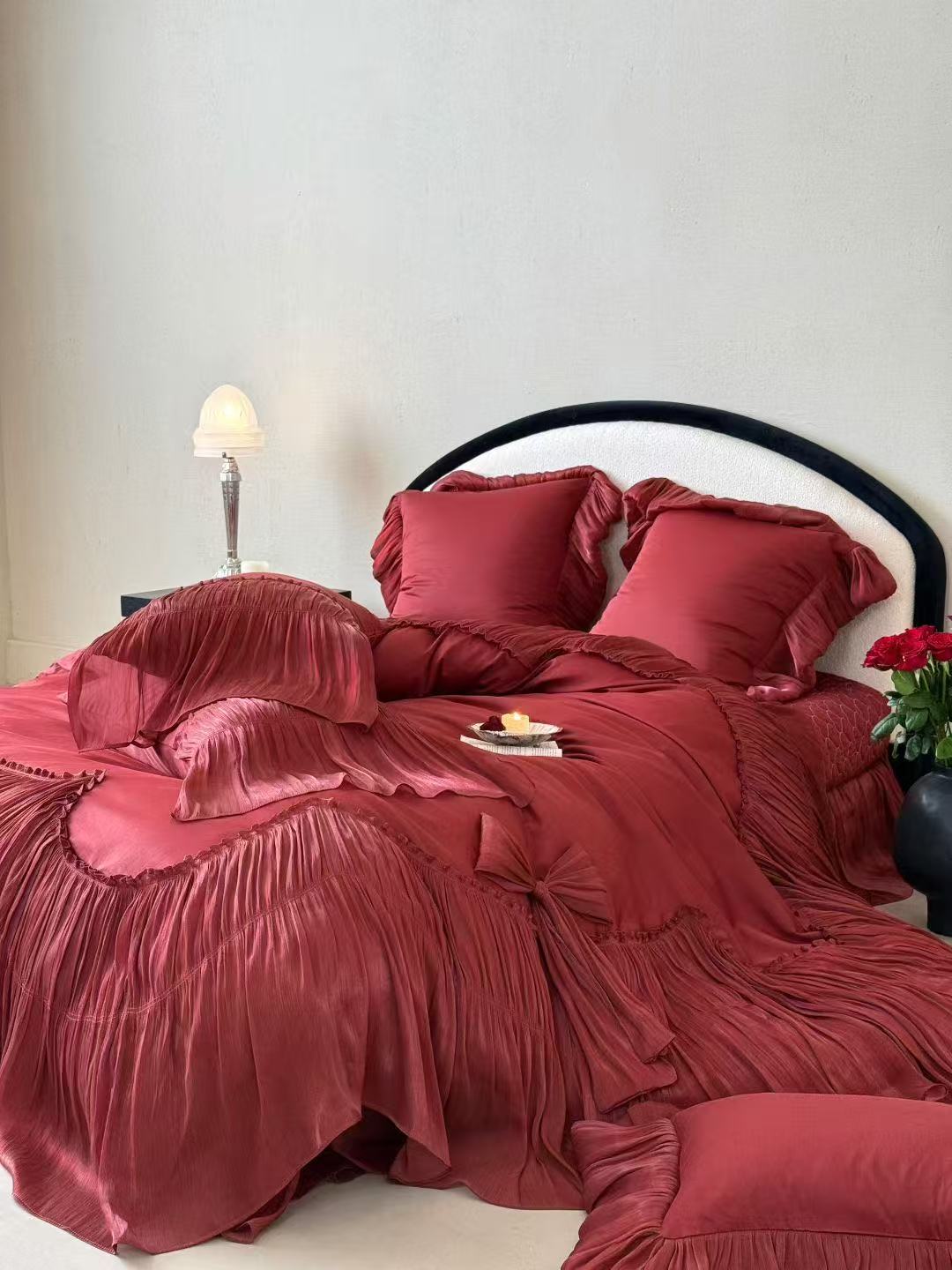 140支全棉高端重工艺夹棉床盖床裙款花边蝴蝶结四件套