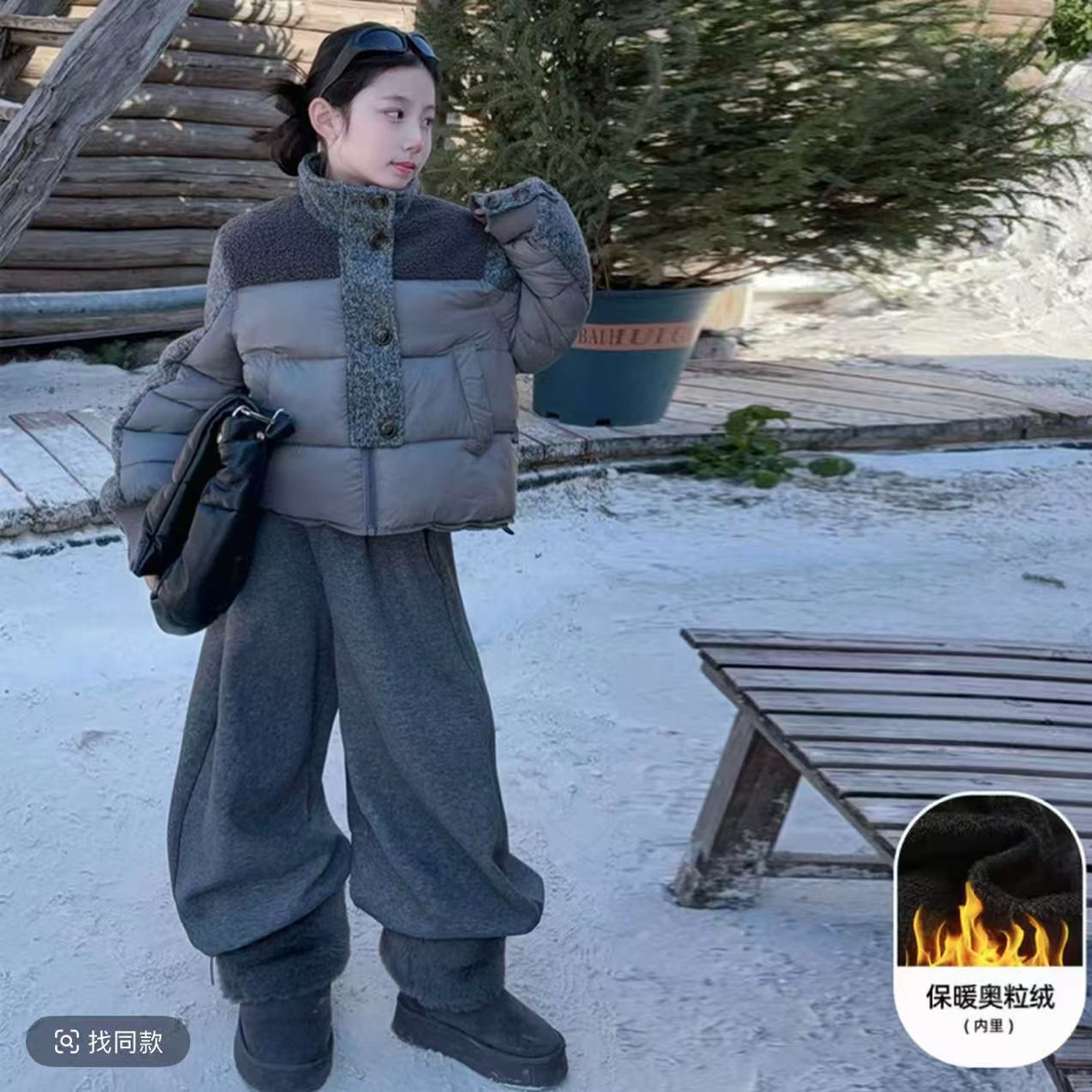 韩版女童拼接款棉衣加绒弯刀卫裤套装时尚中大童冬季保暖女孩网红