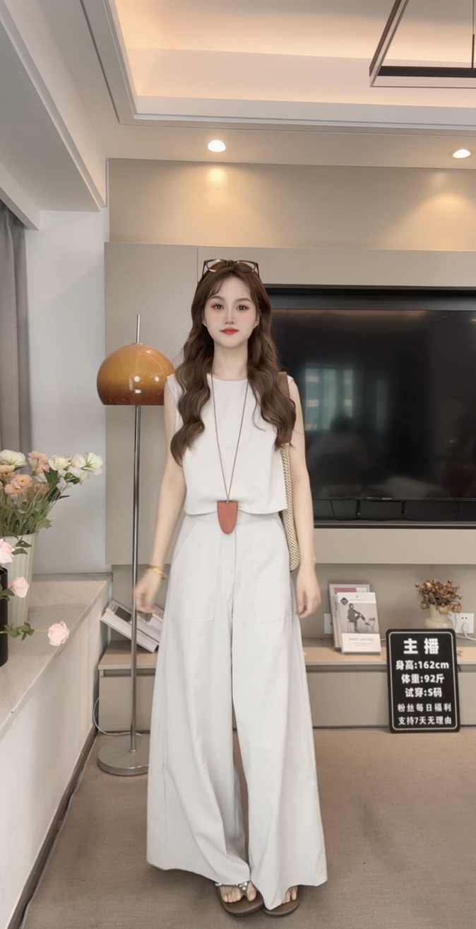 众和梦小众设计款 韩版 夏新款高腰阔腿裤时尚显瘦气质两件套套装