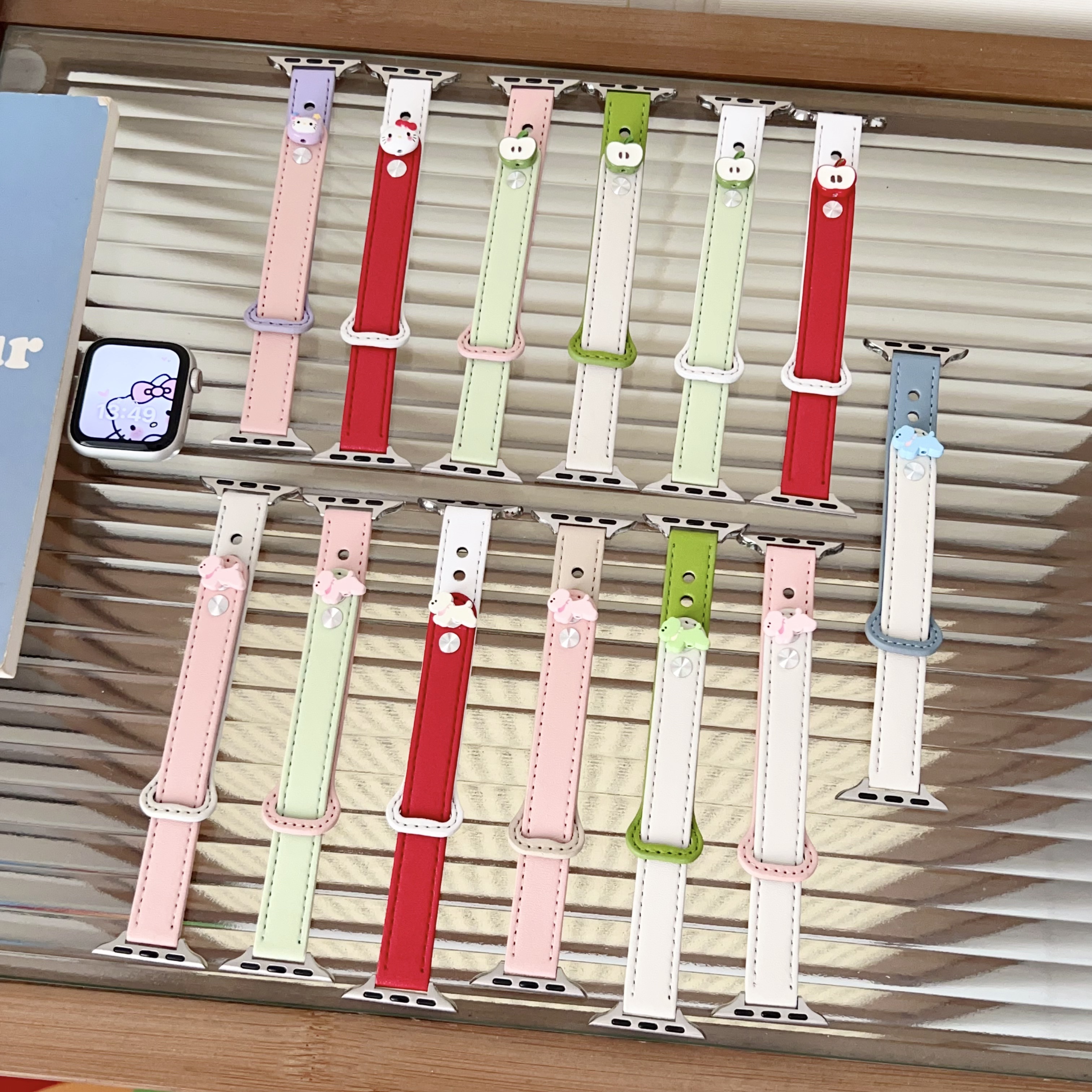 适用苹果手表S11青苹果双钉扣皮质表带小米手环10华为vivogt表带