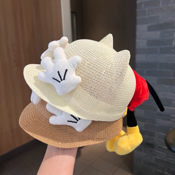 【萌动一夏】宝宝夏季薄款编织可爱米奇元素鸭舌帽凹造型防晒草帽潮