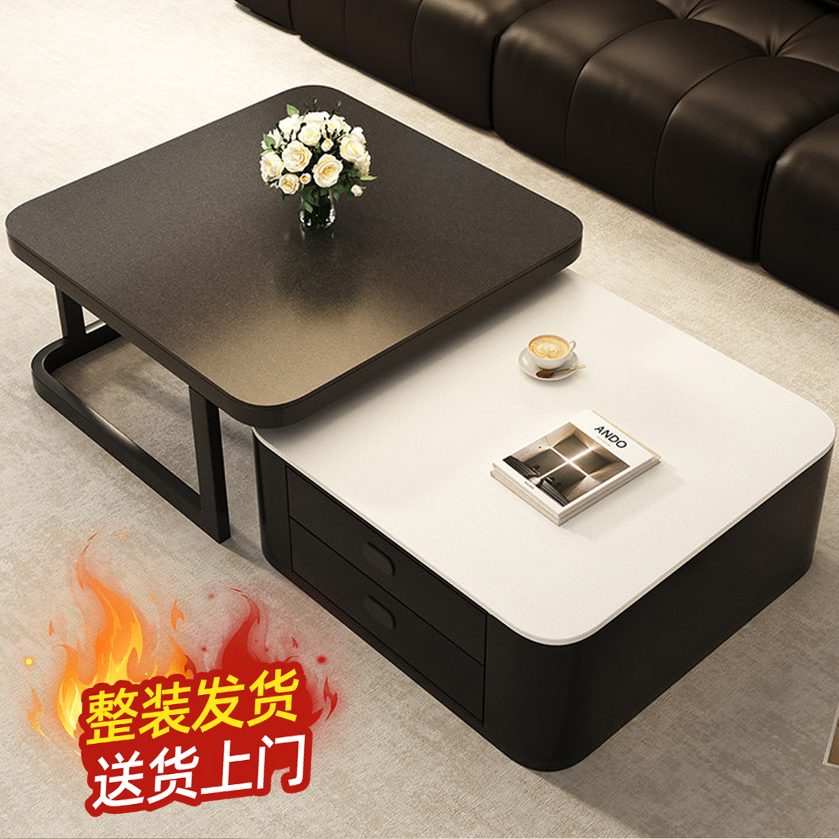 岩板茶几客厅家用2025新款小户型方形玻璃轻奢高端实木电视柜组合