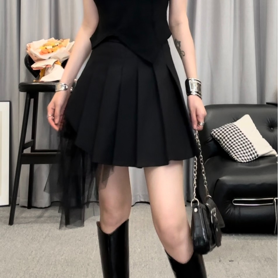 早秋设计师款小众复古高腰辣妹黑色a字网纱百褶西装半身裙女短裙