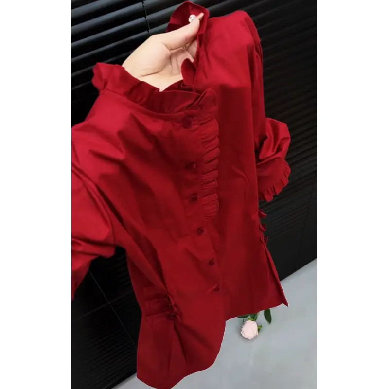 新款小众洋气气质小法式显瘦百搭时尚上衣翻领红色2025女轻奢春秋