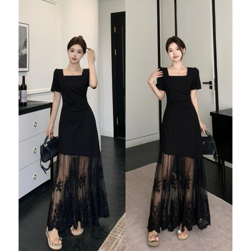MO88ZSPF大码夏季方领气质显瘦蕾丝拼接短袖中长款连衣裙洋气长裙
