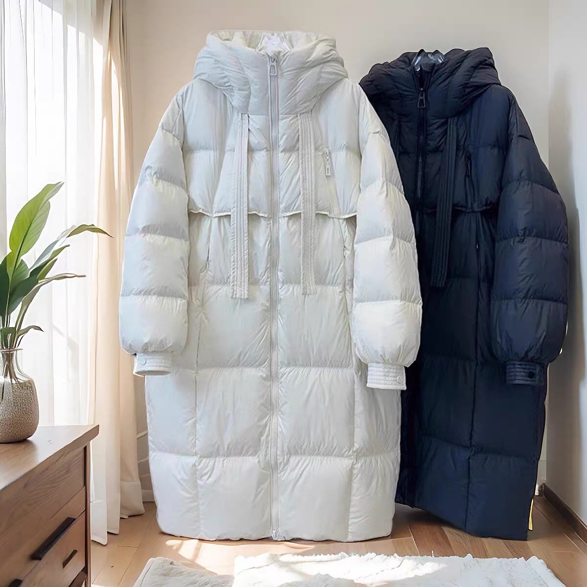 小个子长款白鸭绒羽绒服连帽加厚羽绒服女宽松中长款过膝羽绒服女