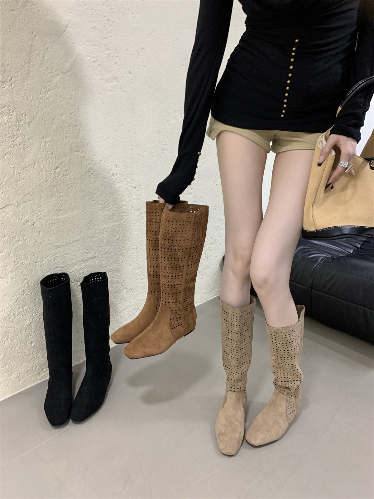 长靴女2025秋季新款绒面女靴低跟靴子内增高长筒靴小众镂空高筒靴