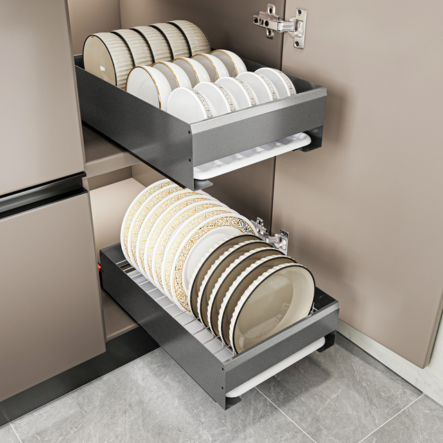 太空铝+不锈钢碗碟收纳架碗盘沥水橱柜拉篮抽屉式厨房柜内置物架