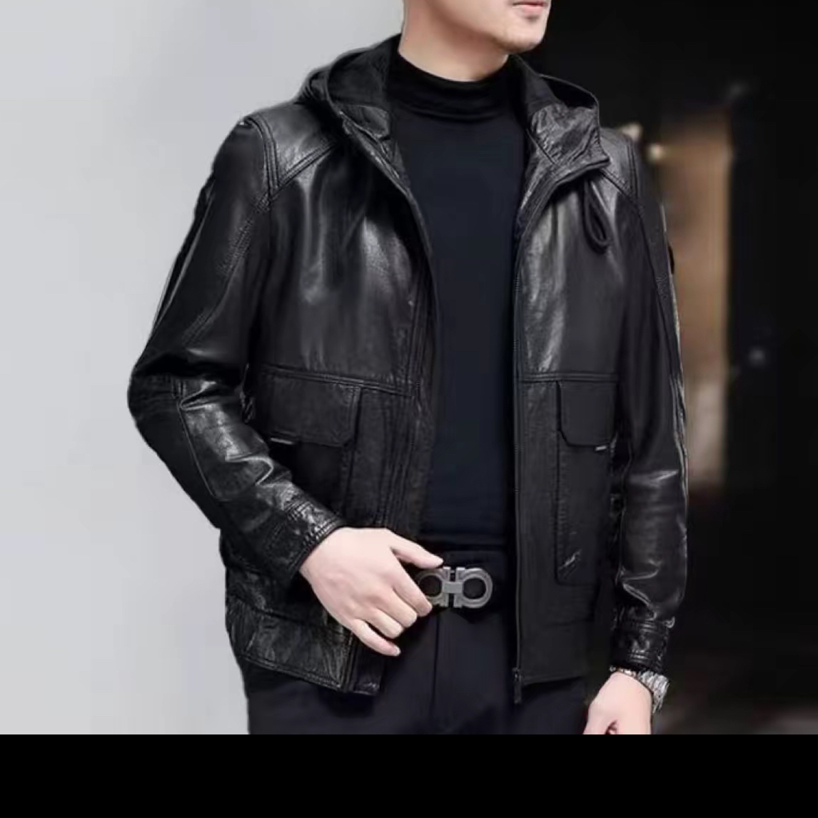 新款男士真皮头层牛皮油蜡外套皮夹克连帽机车皮夹克