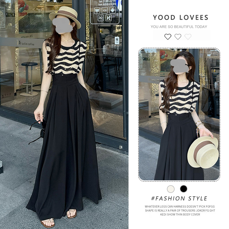 时尚套装女2026夏季新款洋气减龄显瘦条纹无袖衬衫背带长裤两件套