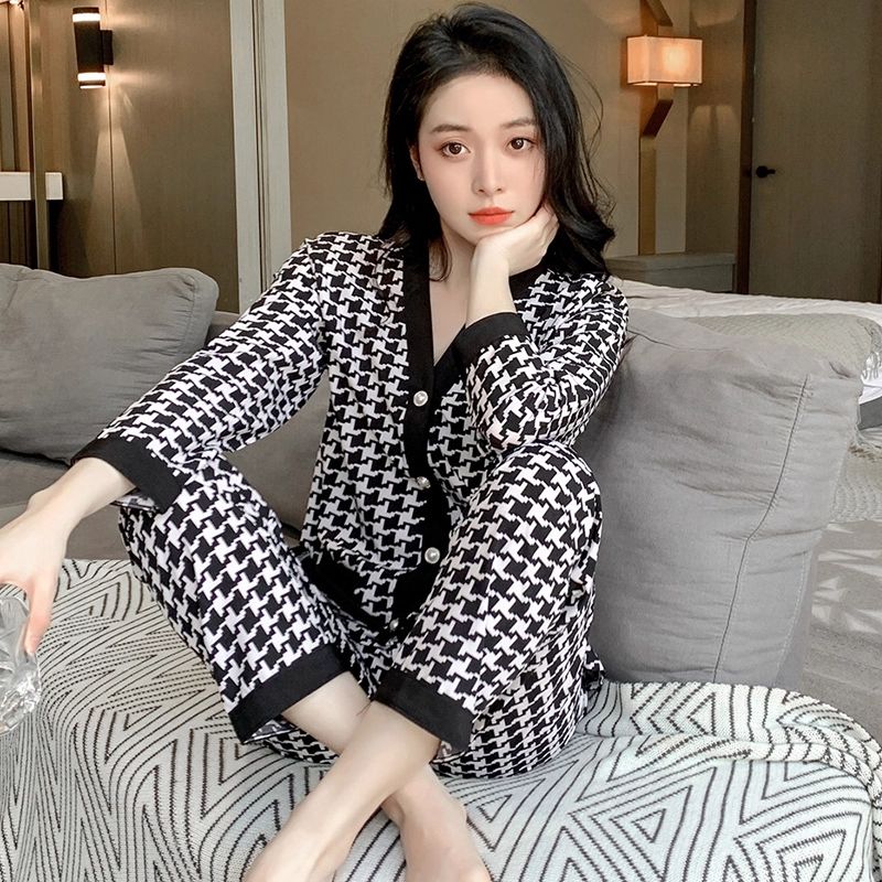 FAVMARTHA睡衣女春秋款长袖薄款冰丝2025年新款秋季甜美千鸟格子