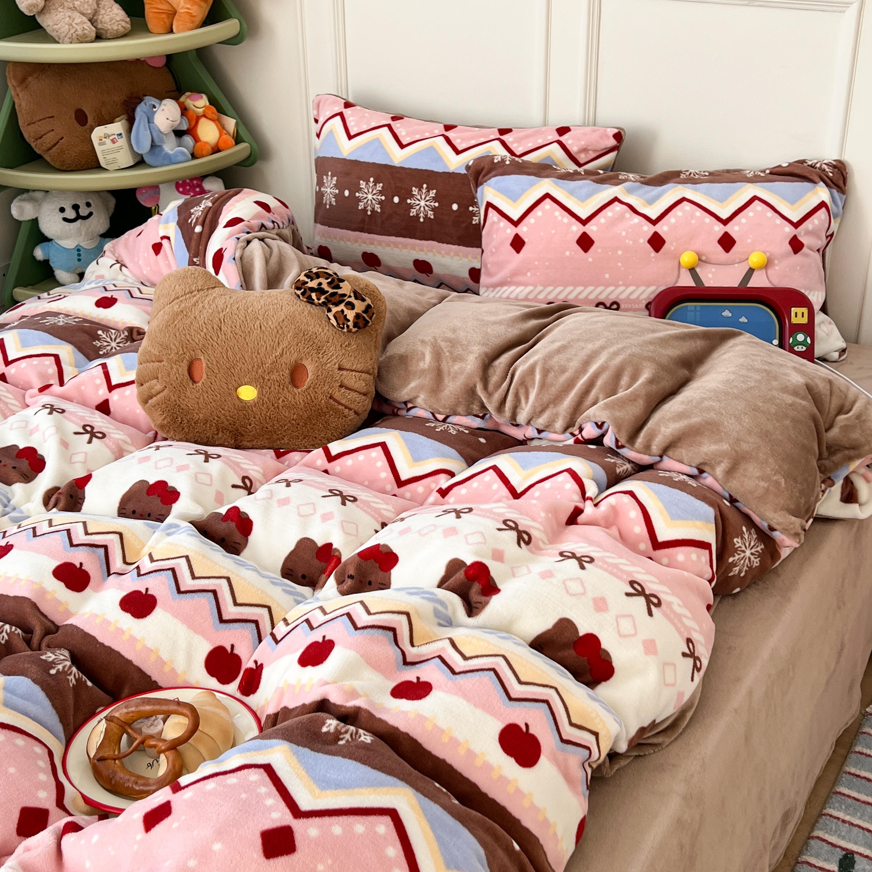 猫咪日记少女风圣诞款猫咪印花牛奶绒四件套三件套床单被套床品
