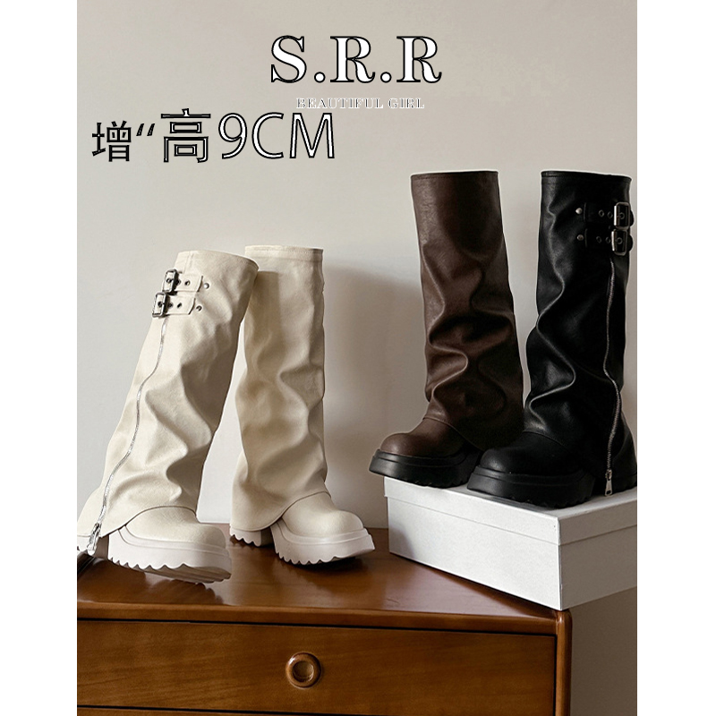 白色大头裤管靴堆堆靴女2025厚底增高西部靴不过膝长靴高筒骑士靴