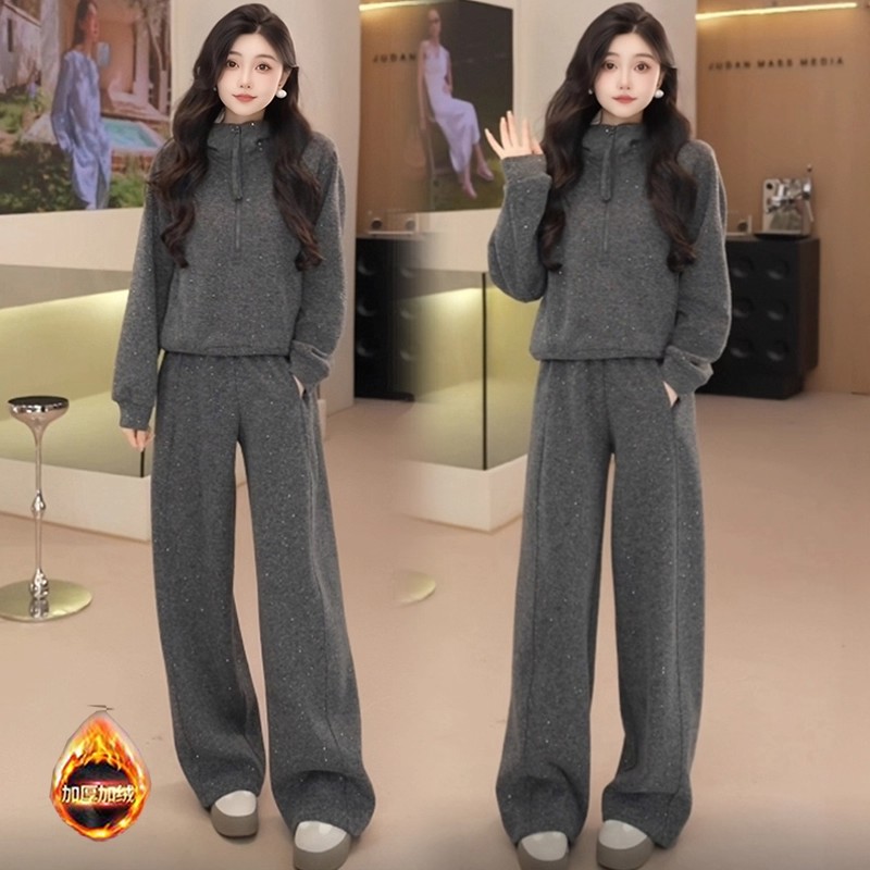 加绒加厚休闲运动套装女秋冬新款韩版洋气连帽卫衣阔腿裤两件套潮