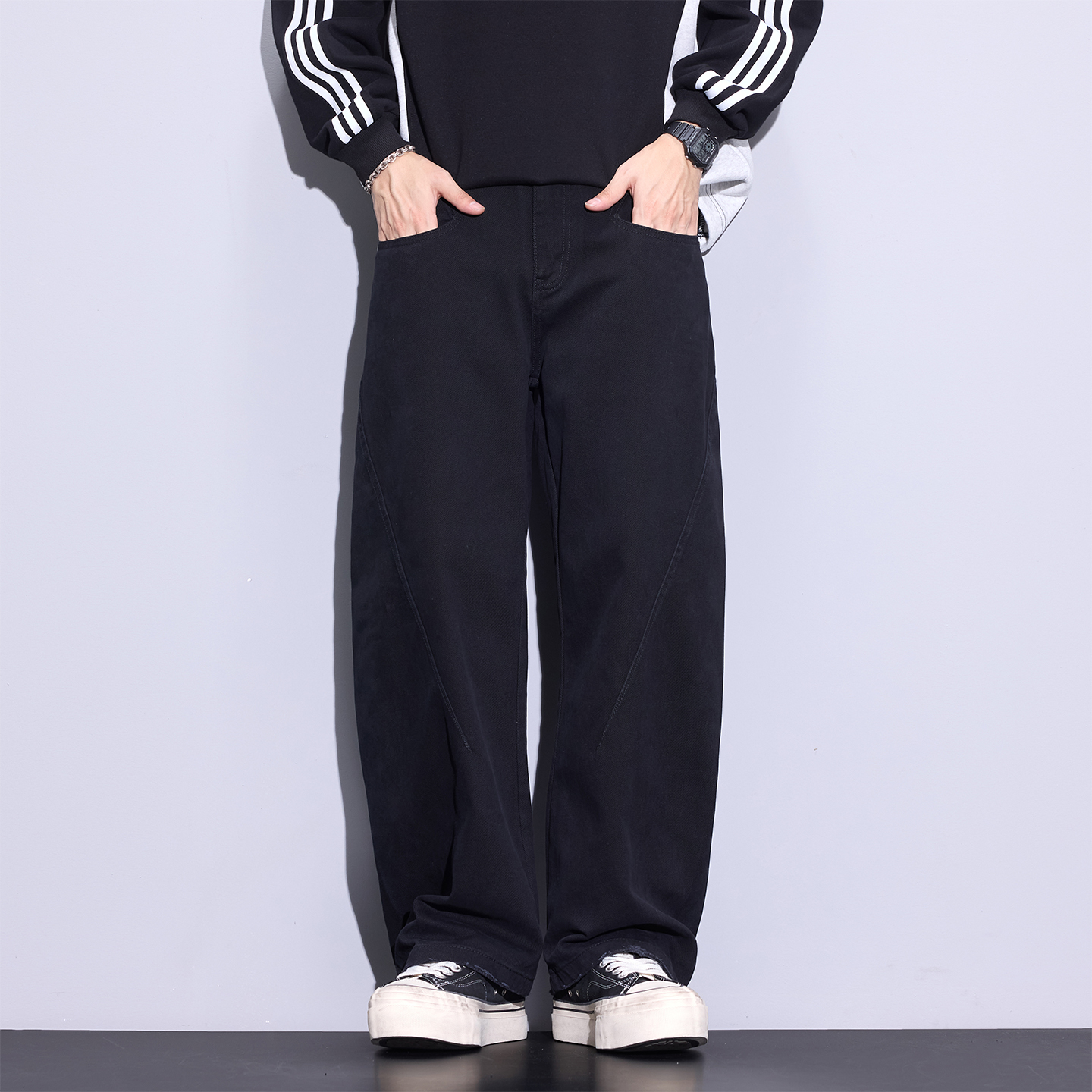 Kuvine2025秋季宽松直筒潮流百搭纯棉透气美式休闲牛仔弯刀裤男士