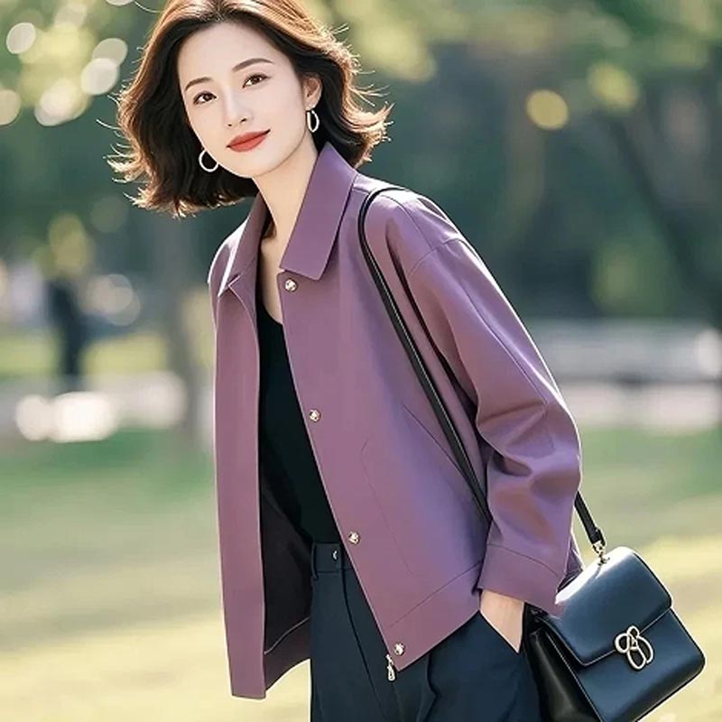 2026春秋新款小众紫色高级感夹克薄外套女慵懒风个性百搭显白上衣