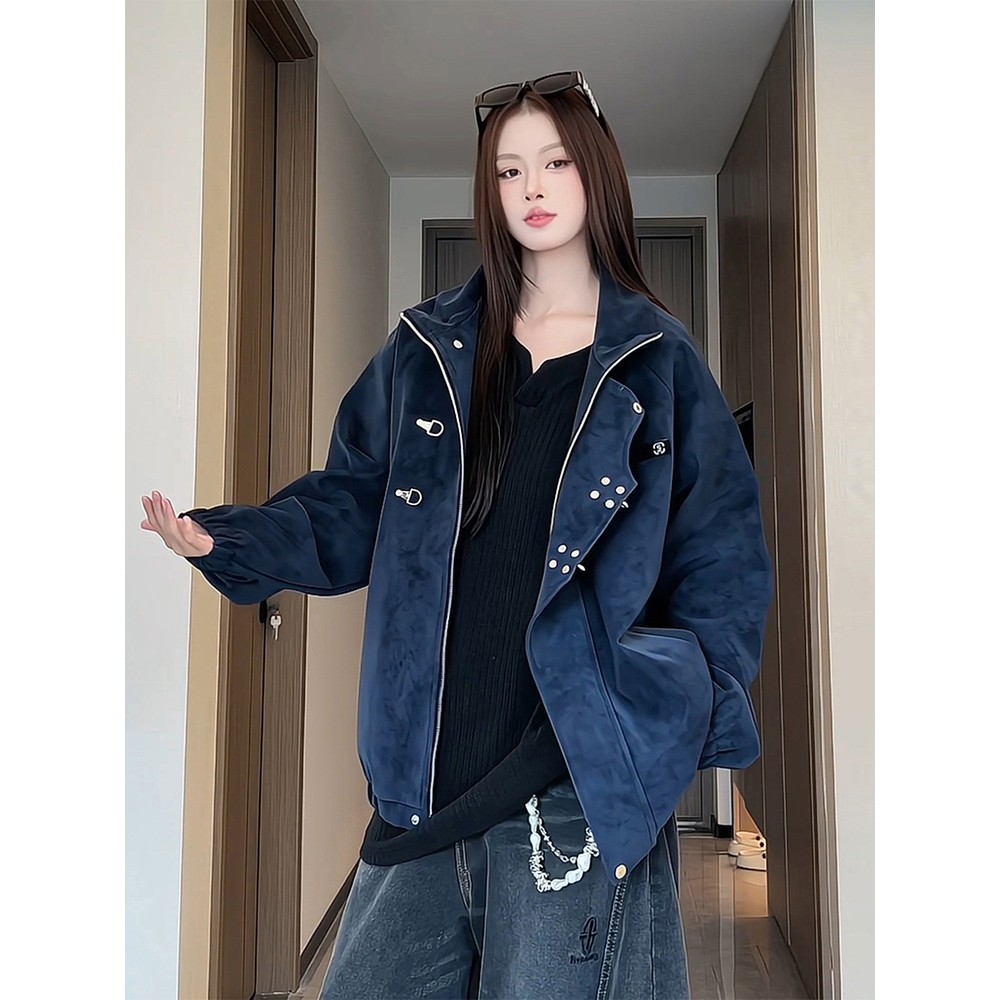 藏青色雾面扎染皮衣外套男款新中式飞行夹克潮牌高级感情侣棒球服