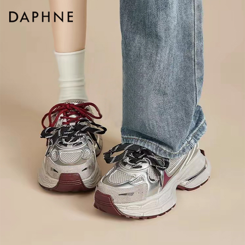 达芙妮厚底灰红色老爹鞋女2025秋季新款显脚小鞋子增高软底运动鞋