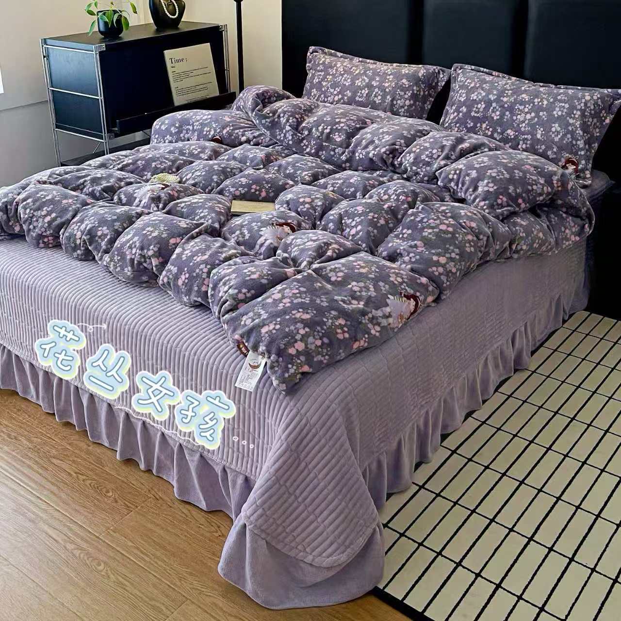 加厚夹棉床盖牛奶绒四件套冬季保暖防静电双面加绒小清新床品套件