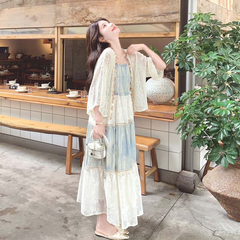 南法度假风镂空罩衫撞色吊带裙2025夏季新款氛围感晕染气质两件套