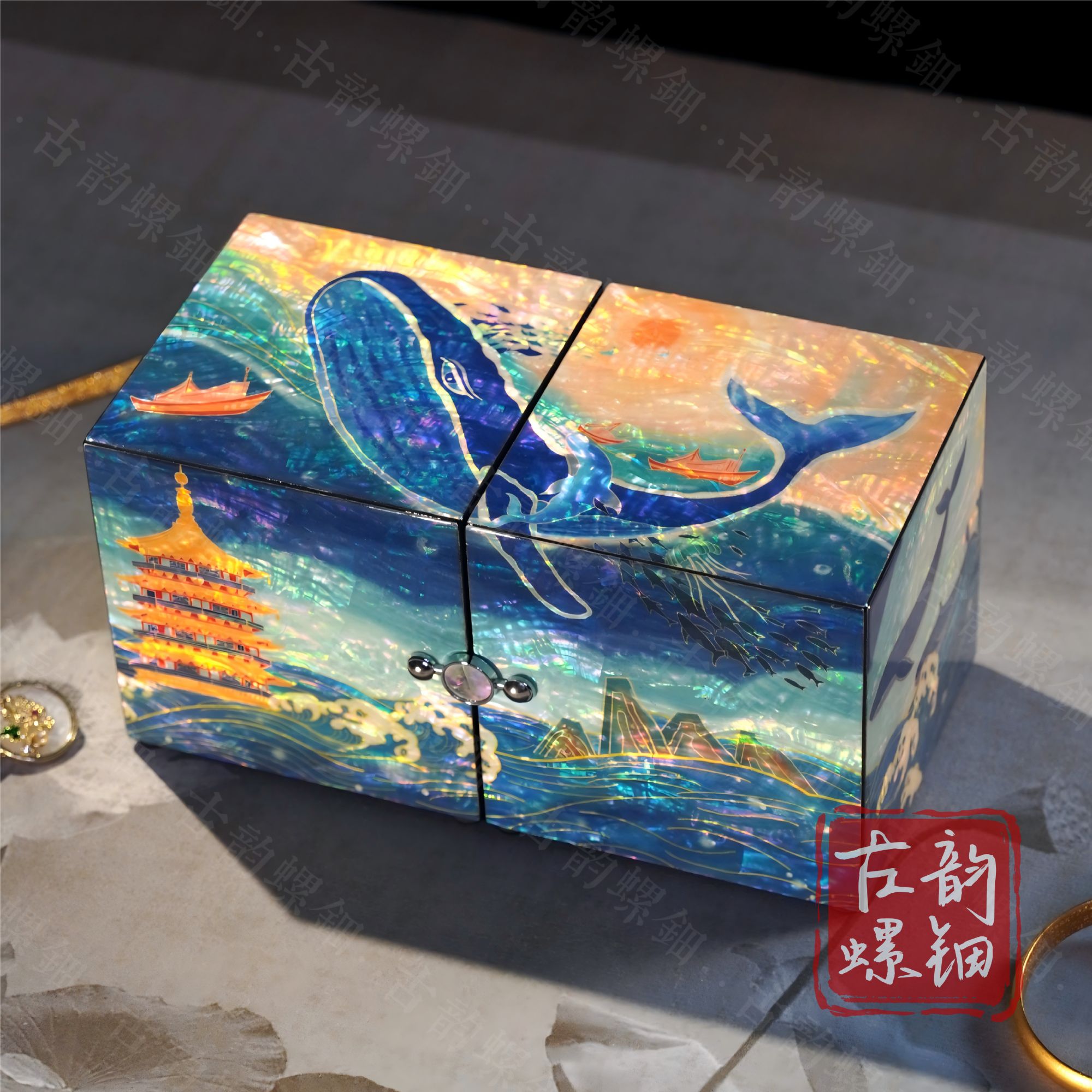 首饰盒/箱 新【海蓝见鲸】螺钿首饰盒工中式原创高档精致珠宝首饰盒