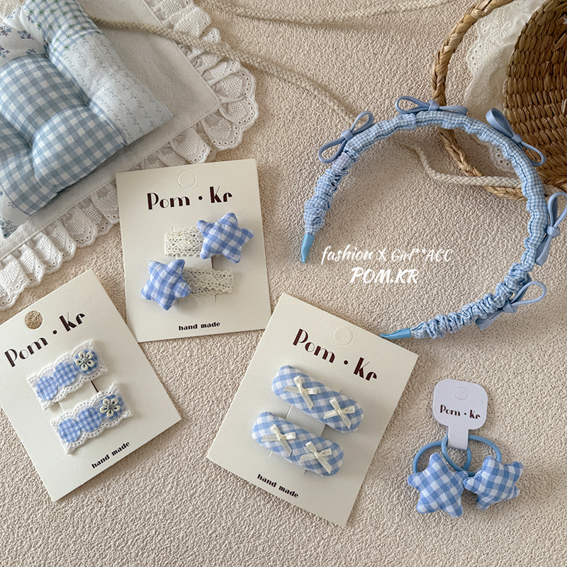 春日新款蓝白格子芭蕾风萌妹甜美少女百搭可爱星星蝴蝶结发饰套装