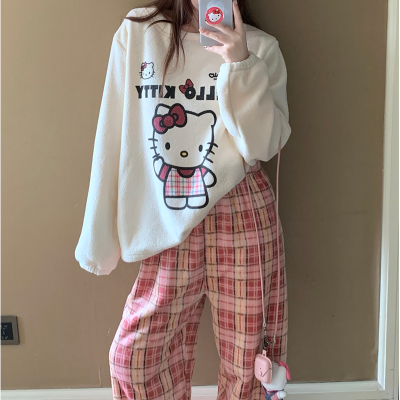 Hellokitty睡衣女款秋冬季卡通可爱加厚保暖珊瑚绒长袖家居服套装